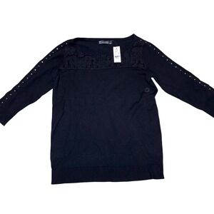 NWT New York & Company 7th Avenue Black Lace Studded 3/4 Sleeve Knit Top Medium